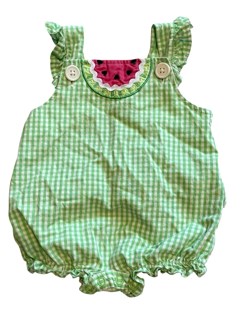 Starting Out Baby Girl Bubble Romper 6M Green White Gingham Watermelon